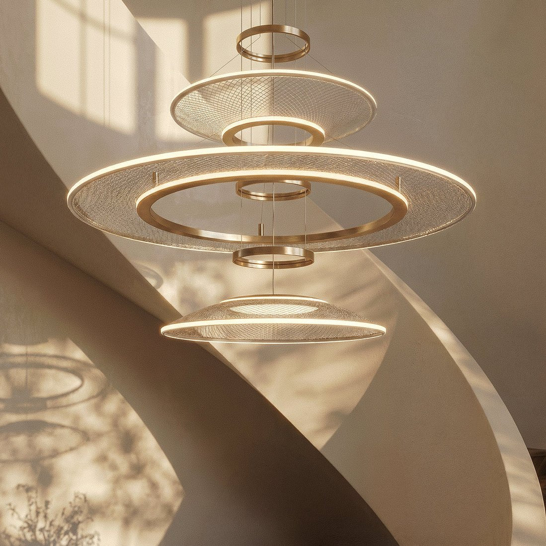 Close view of a Clérachic three-tier gold ring chandelier, showing mesh acrylic discs and warm LED edges in a stairwell.