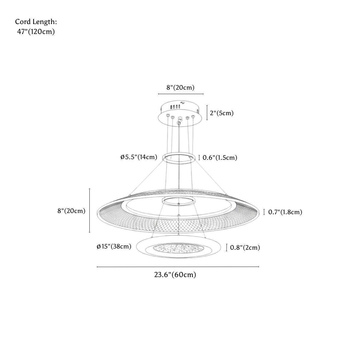 Clérachic chandelier dimension drawing, 2 Rings, 38 cm + 60 cm, 68 W, every measurement marked in centimetres and inches.