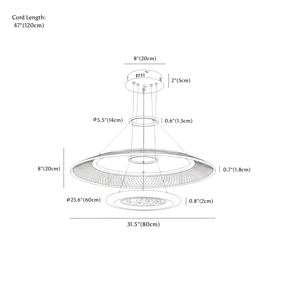 Clérachic chandelier dimension drawing, 2 Rings, 60 cm + 80 cm, 85 W, every measurement marked in centimetres and inches.