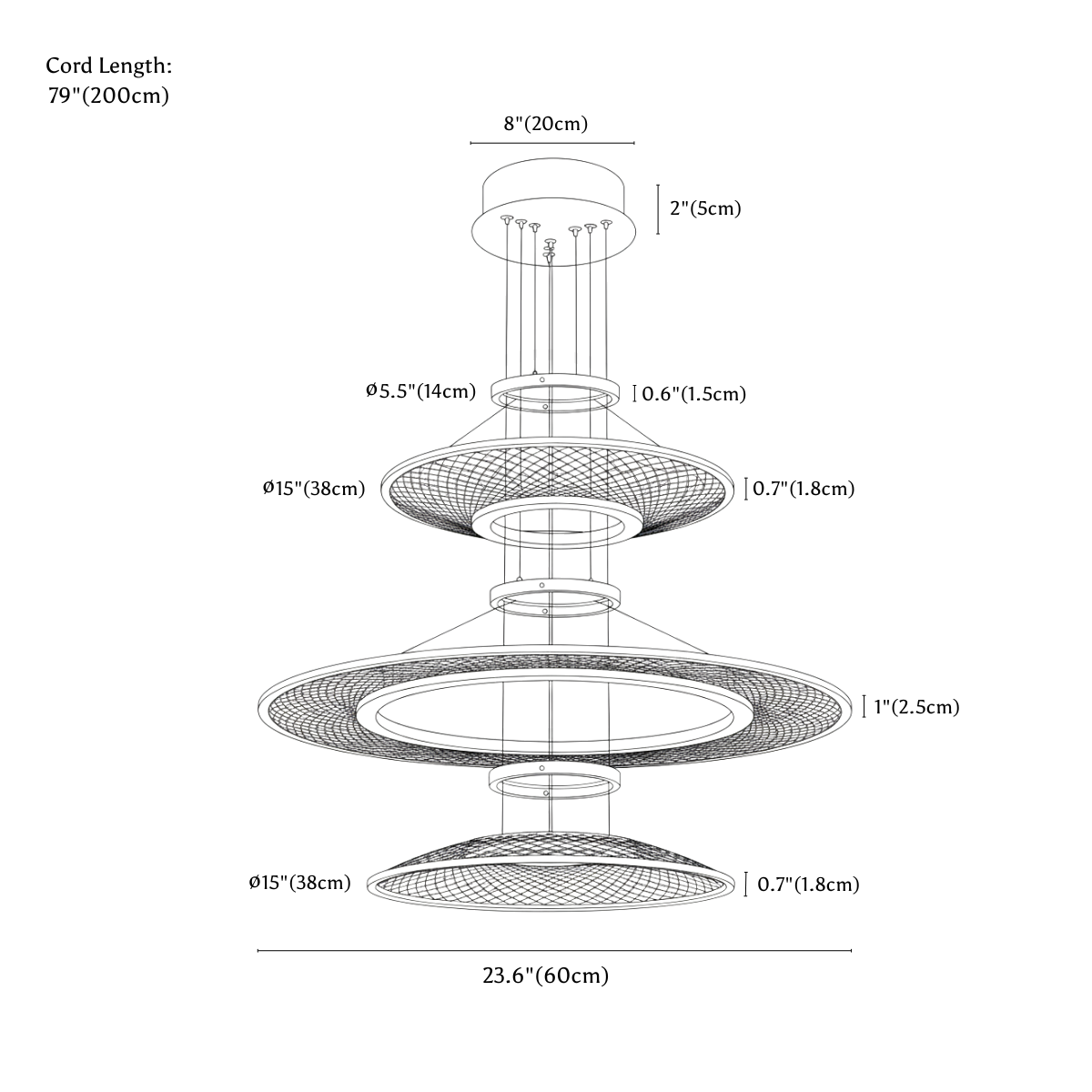 Clérachic chandelier dimension drawing, 3 Rings, 38 cm + 60 cm + 38 cm, every measurement marked in centimetres and inches.