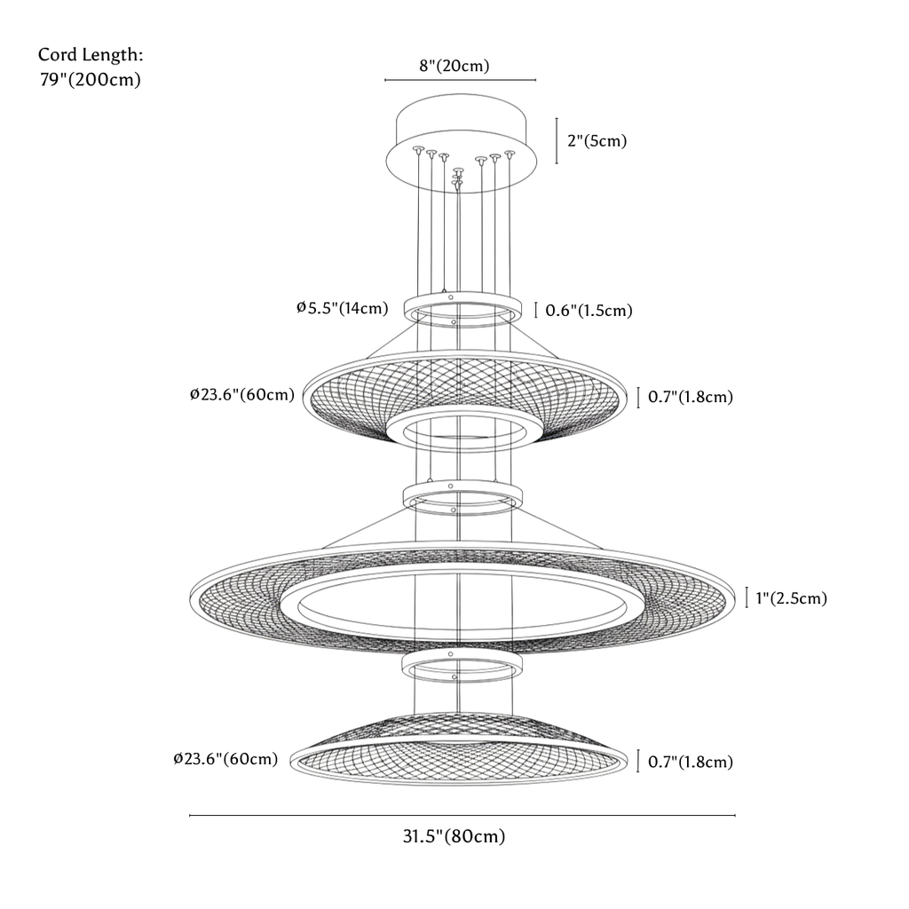 Clérachic chandelier dimension drawing, 3 Rings, 60 cm + 80 cm + 60 cm, 135 W, every measurement marked in centimetres and inches.