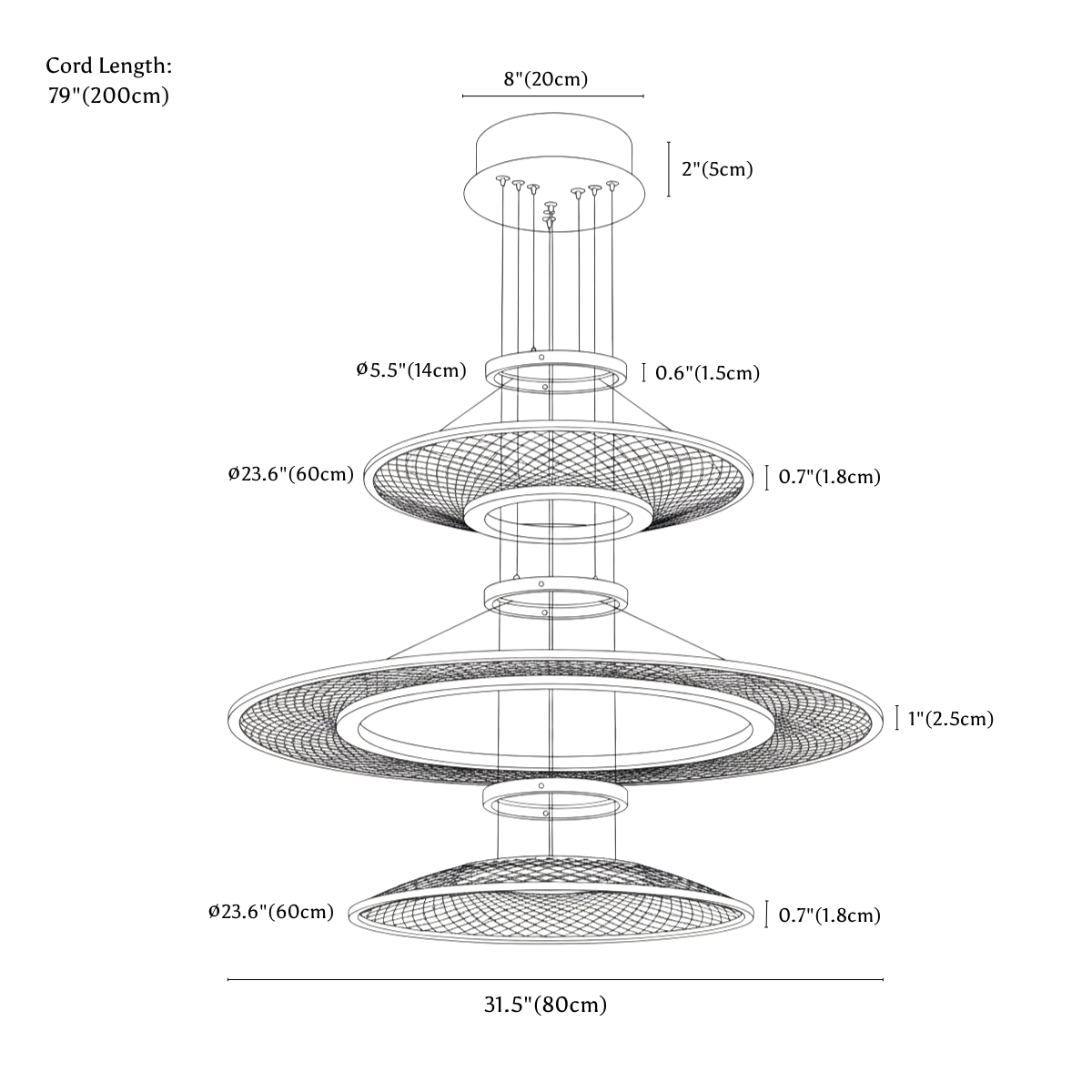 Clérachic chandelier dimension drawing, 3 Rings, 60 cm + 80 cm + 60 cm, 135 W, every measurement marked in centimetres and inches.
