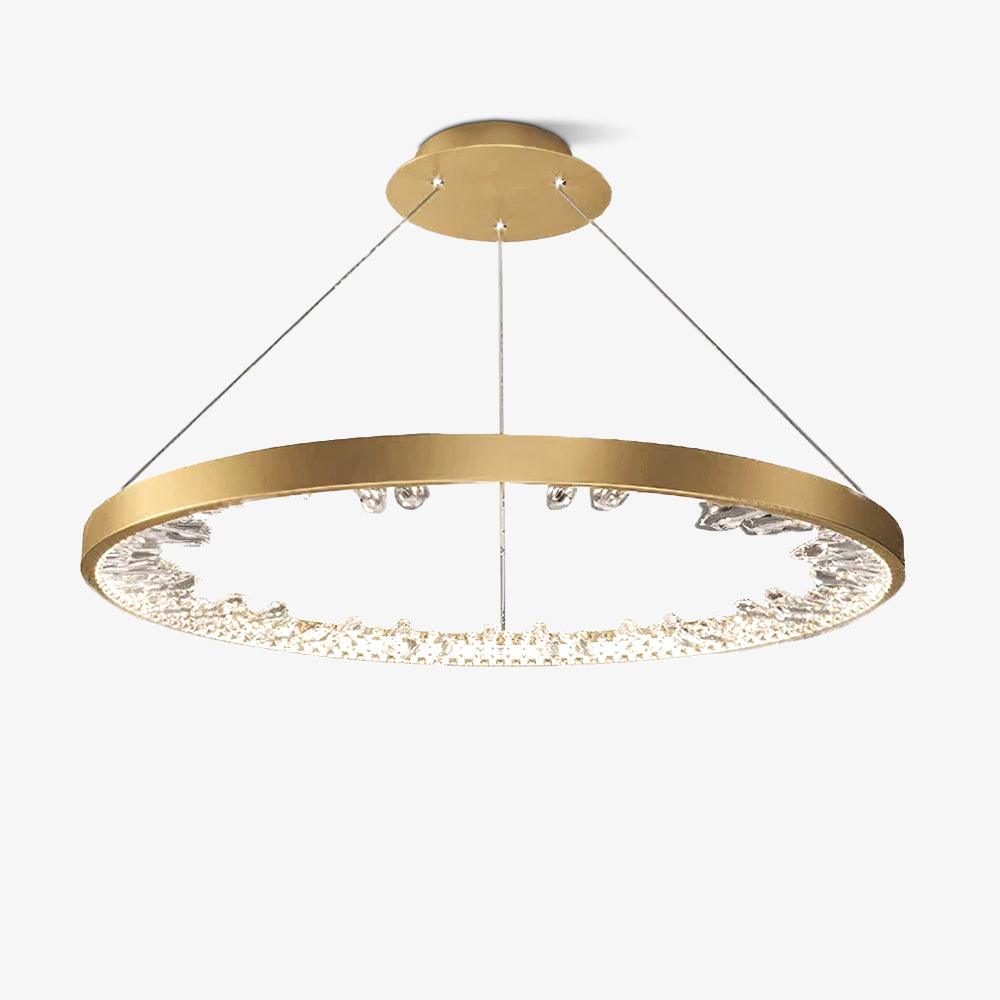 Gold Clérachic ring pendant light on a white background, its slim 4 cm band holding clear shades along the inner edge.