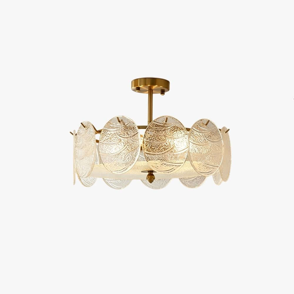 A Clérachic semi flush ceiling light with overlapping textured glass discs and a gold stem, shown on a plain white backdrop.