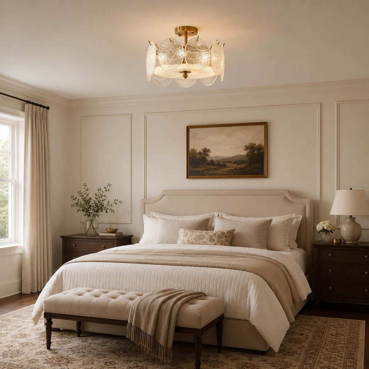A Clérachic semi flush ceiling light with a gold canopy glows over a tidy bedroom with a padded headboard and a bench at the bed foot.