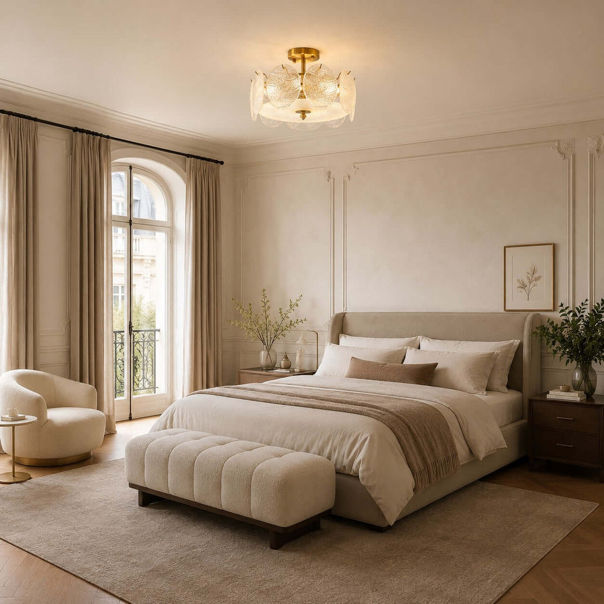 This Clérachic gold and glass ceiling light hangs in a bedroom with an arched window, a curved chair and a low upholstered ottoman.