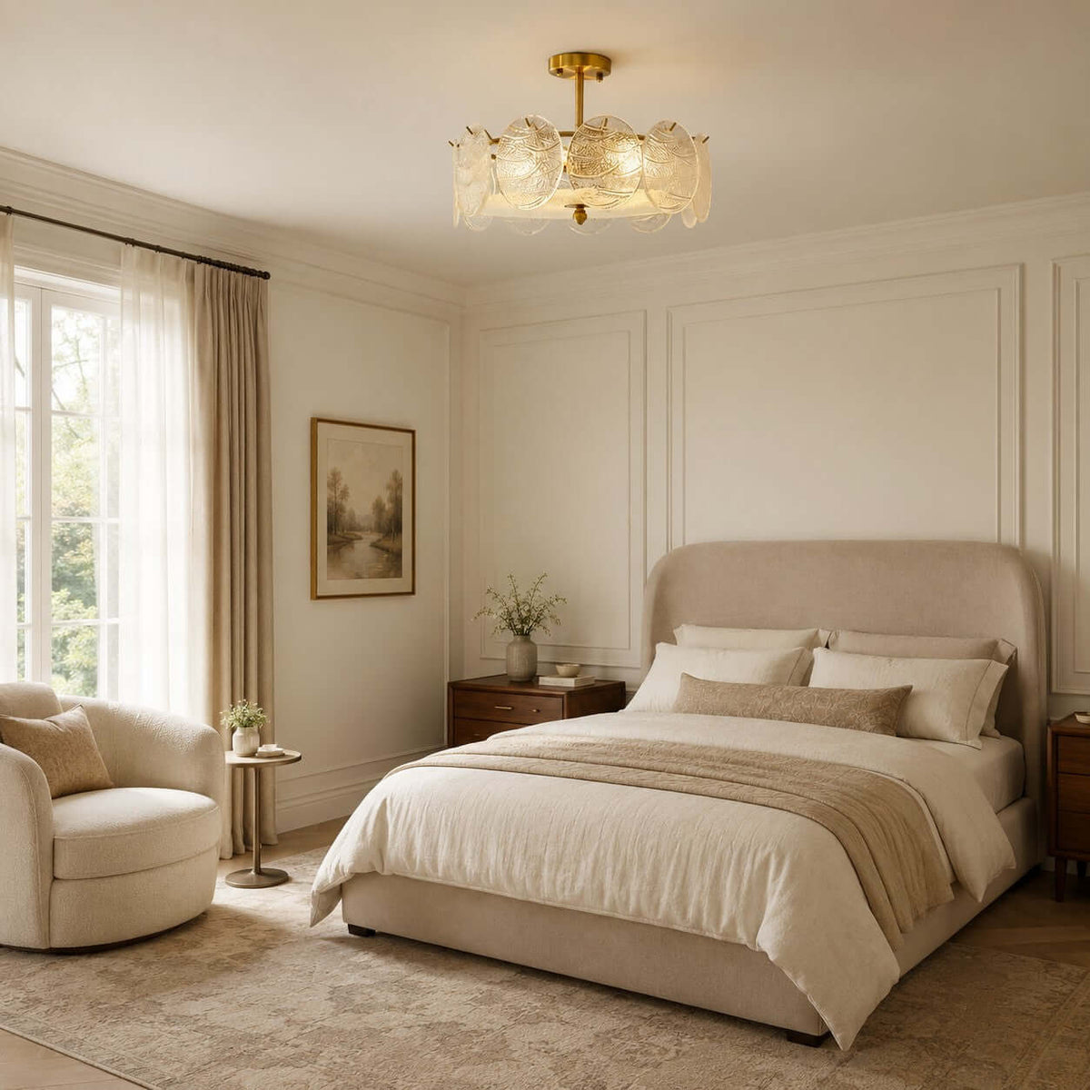 Clérachic semi flush light lit above a cream bedroom with an arched headboard, sheer curtains and a round side table.