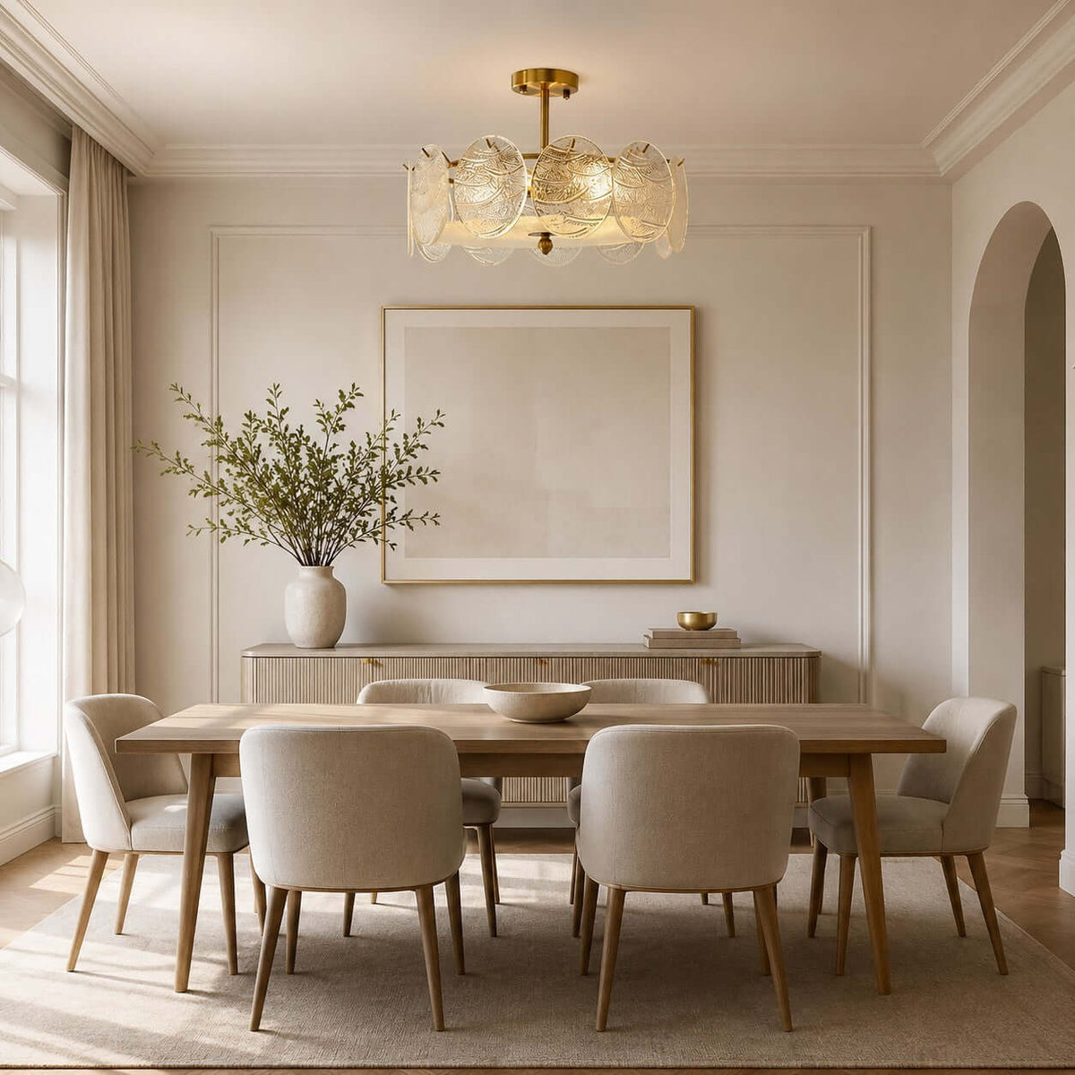 Above a light oak dining table with cream chairs, this Clérachic glass disc ceiling light glows in a room with an arched doorway.