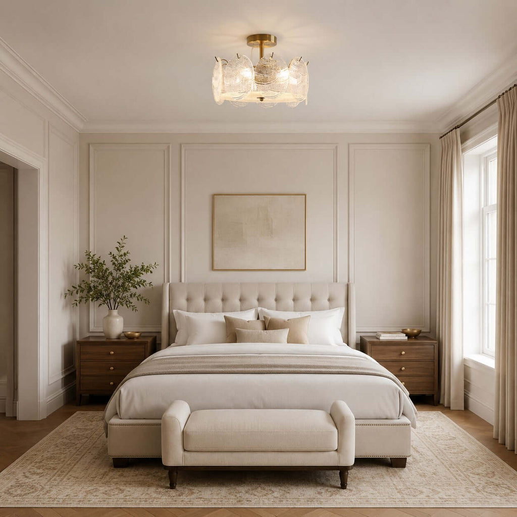Clérachic ceiling light with rippled glass discs over a tufted-headboard bed, with a cream bench and two wooden bedside tables.