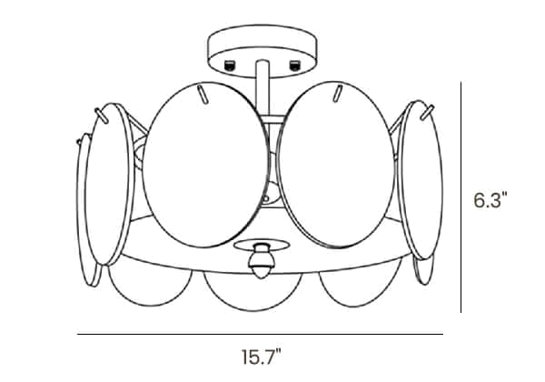 Dimension drawing of this Clérachic ceiling light, with its height of 6.3″ and width of 15.7″ marked.