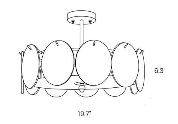 Dimension drawing of this larger Clérachic ceiling light, with its height of 6.3″ and width of 19.7″ marked.