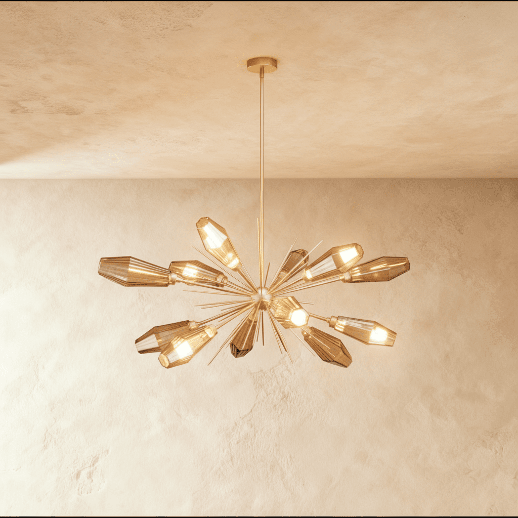 Clérachic starburst chandelier with hexagonal amber glass heads on a gold iron frame, glowing warm against limewash.