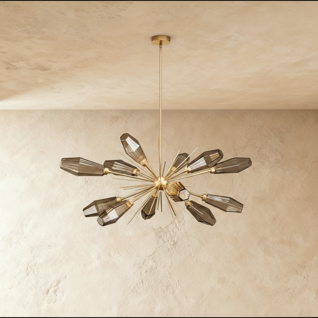 Clérachic starburst chandelier with smoked grey hexagonal glass heads on a brushed gold frame, switched off.