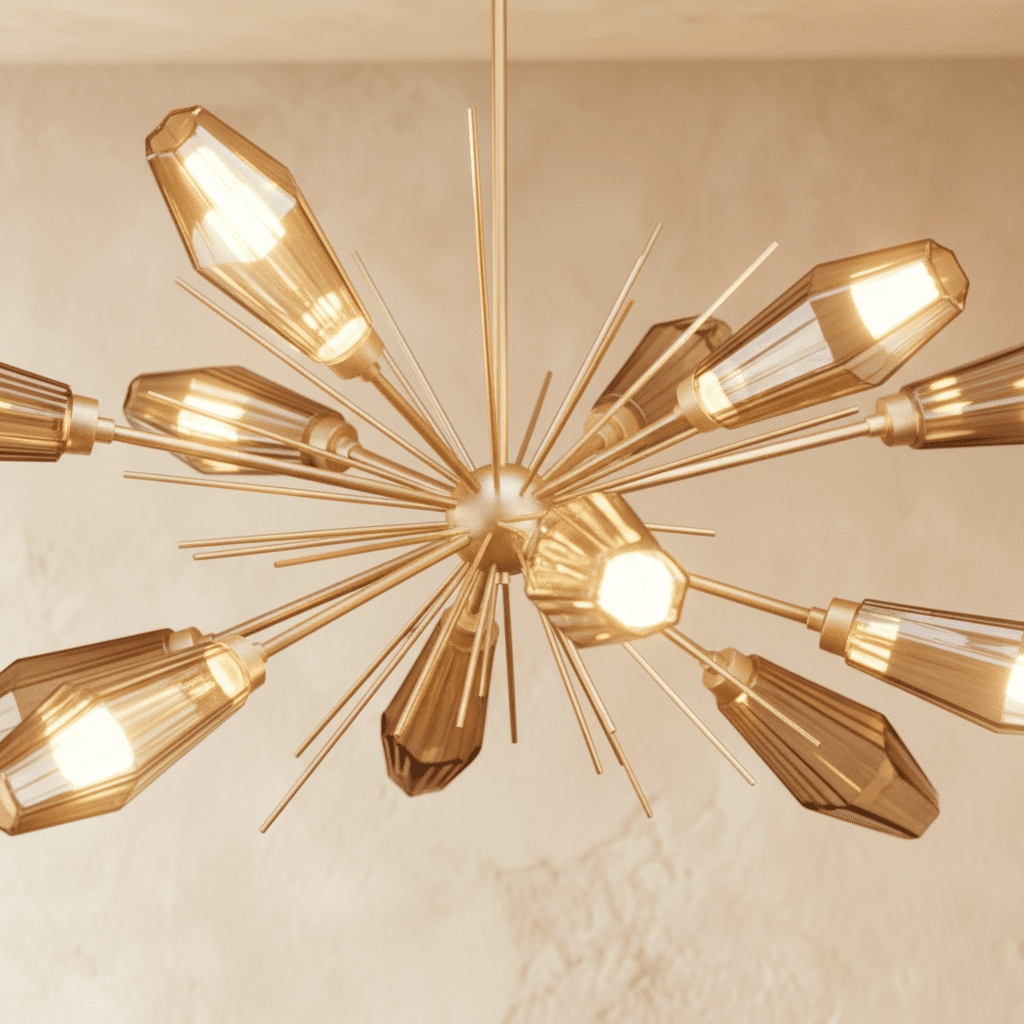 Close view of the Clérachic gold starburst chandelier, hexagonal amber glass heads lit warm between fine gold spikes.