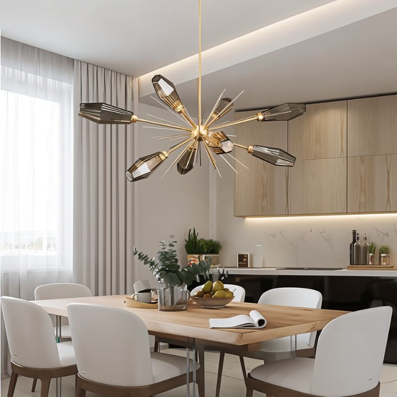 Clérachic starburst chandelier with smoked glass heads over a light oak dining table in a pale kitchen-diner.