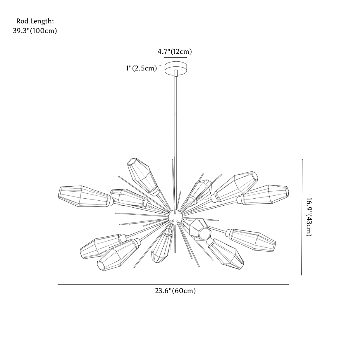 Clérachic chandelier dimension drawing, 60 cm, every measurement marked in centimetres and inches.