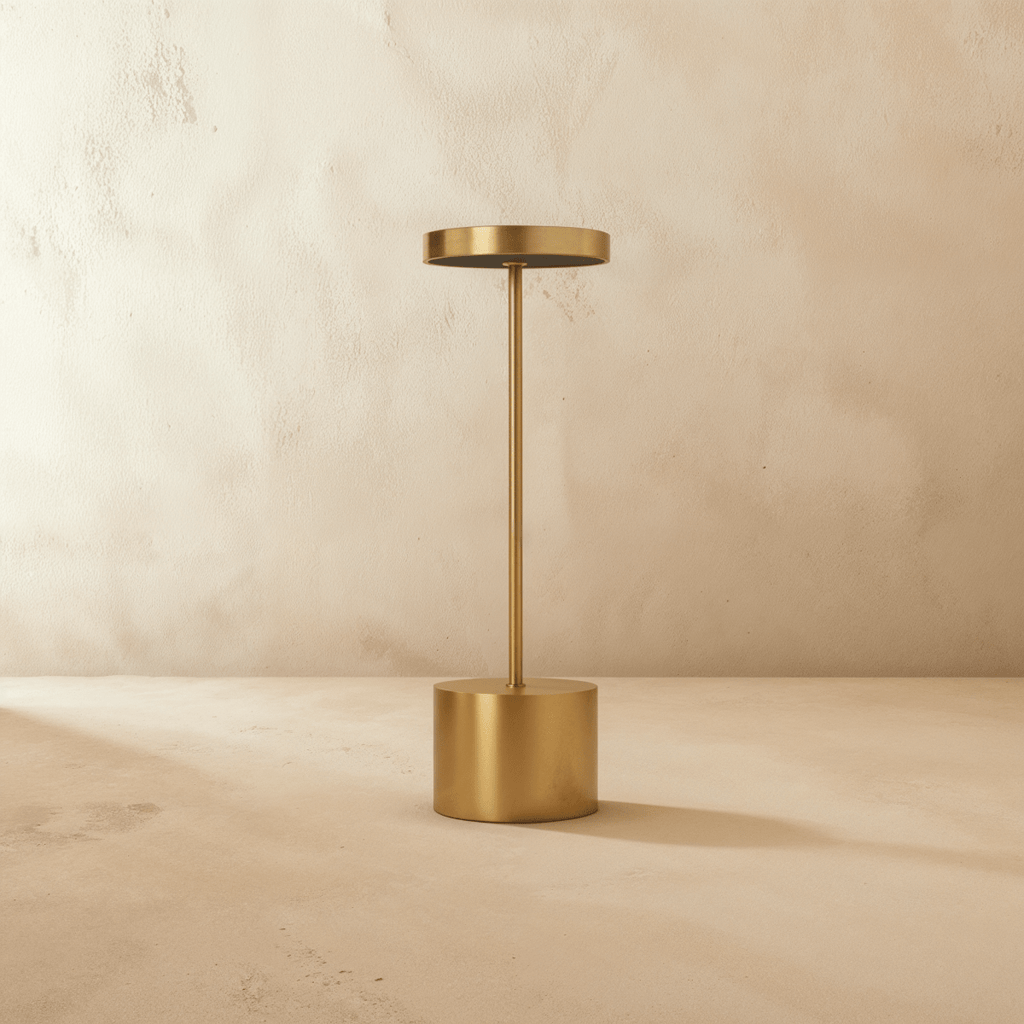 Clérachic cordless table lamp in warm brushed gold, disc shade on a slim stem above a cylindrical base against a plaster wall.