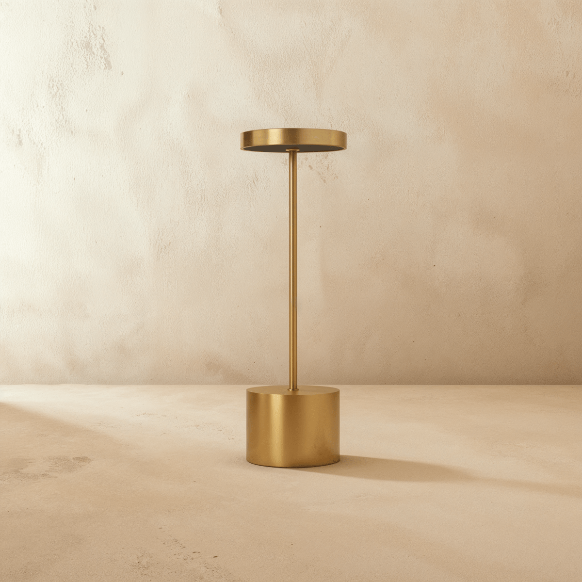 Clérachic cordless table lamp in warm brushed gold, disc shade on a slim stem above a cylindrical base against a plaster wall.