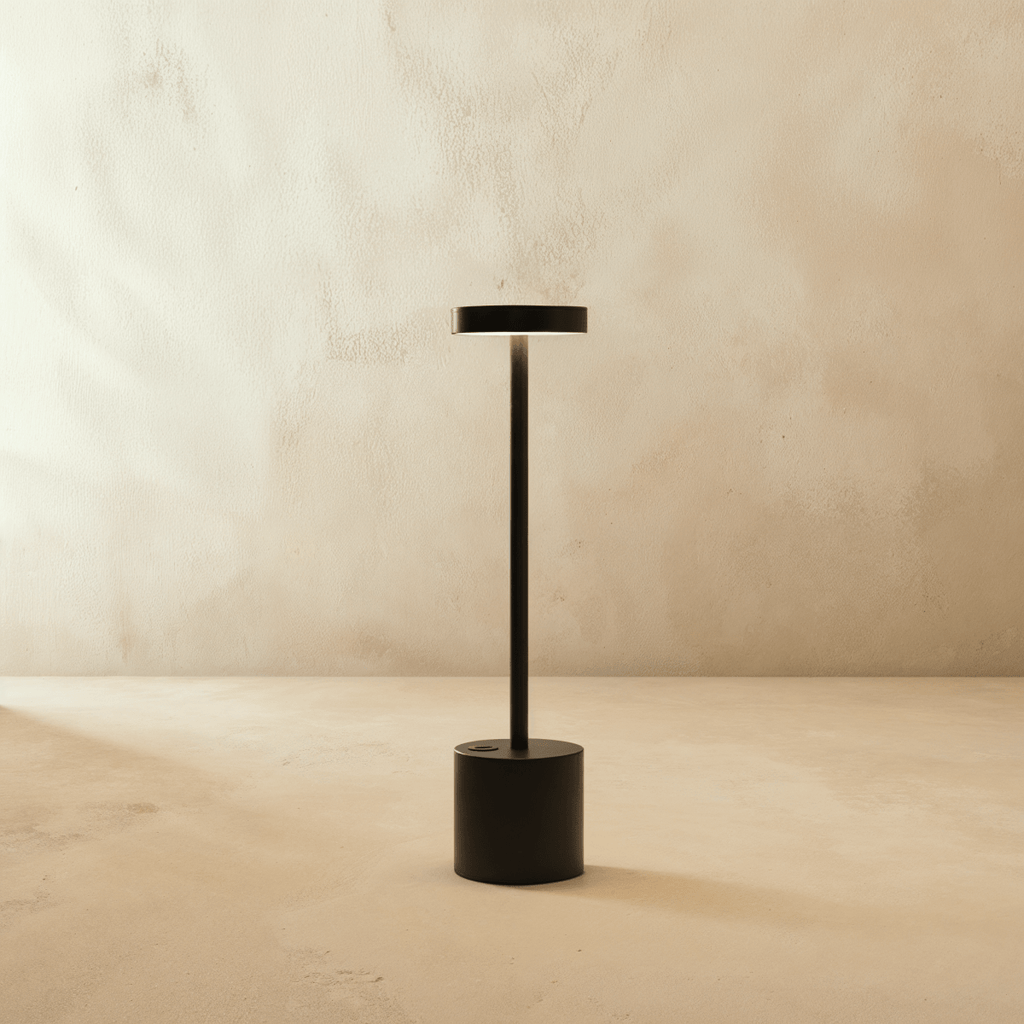 Clérachic cordless table lamp in matte black, disc shade and slim stem set on a round base against a plaster wall.