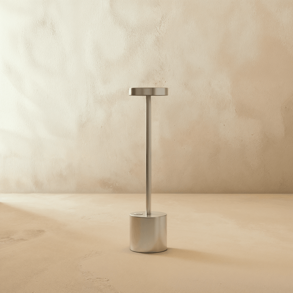 Clérachic cordless table lamp in brushed silver, disc shade on a slim stem above a cylindrical base against a plaster wall.