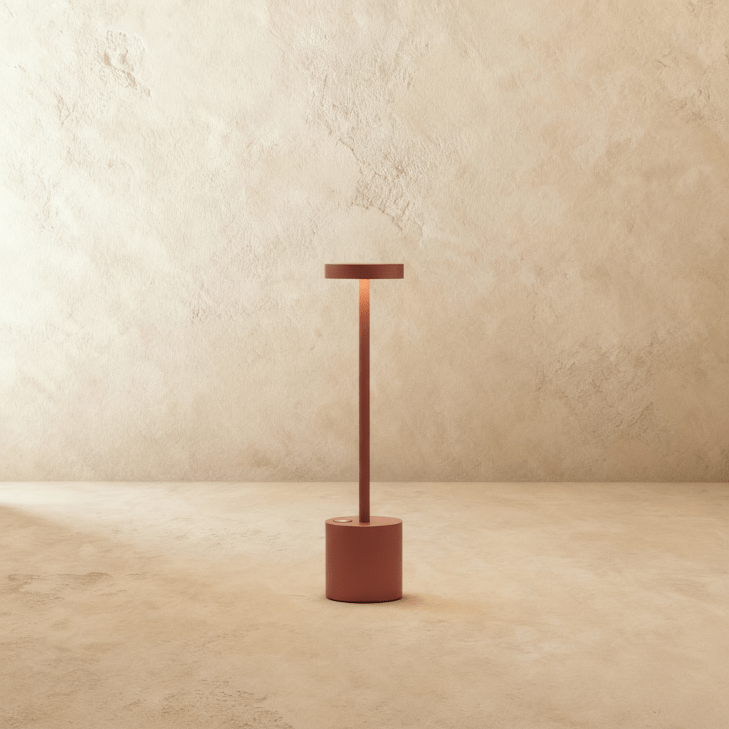 Clérachic cordless table lamp in a warm terracotta finish, disc shade glowing above a slim stem and round base.