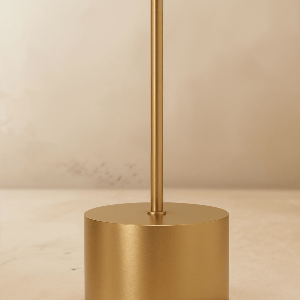 Clérachic table lamp detail in brushed gold, close-up of the slim stem meeting the cylindrical base.