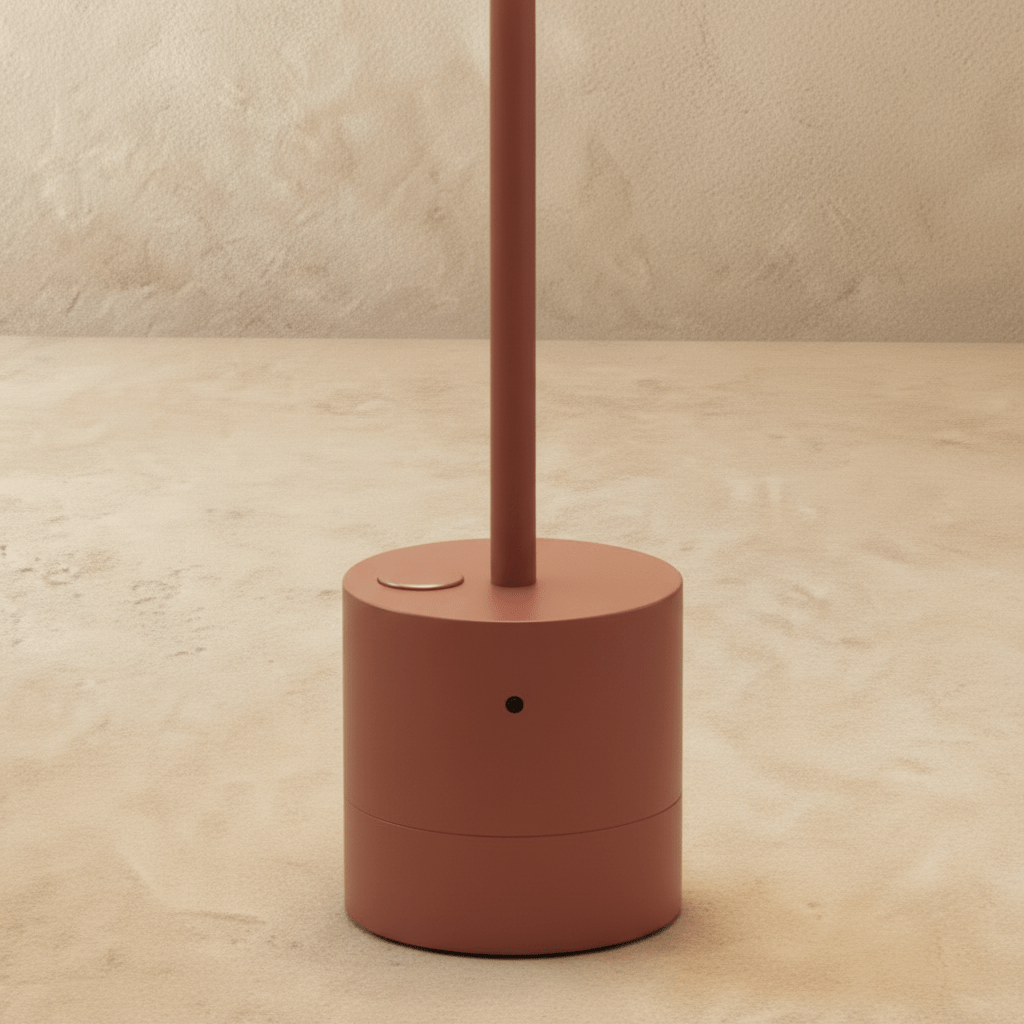 Clérachic table lamp base detail in terracotta, showing the touch button and slim stem on the cylindrical base.