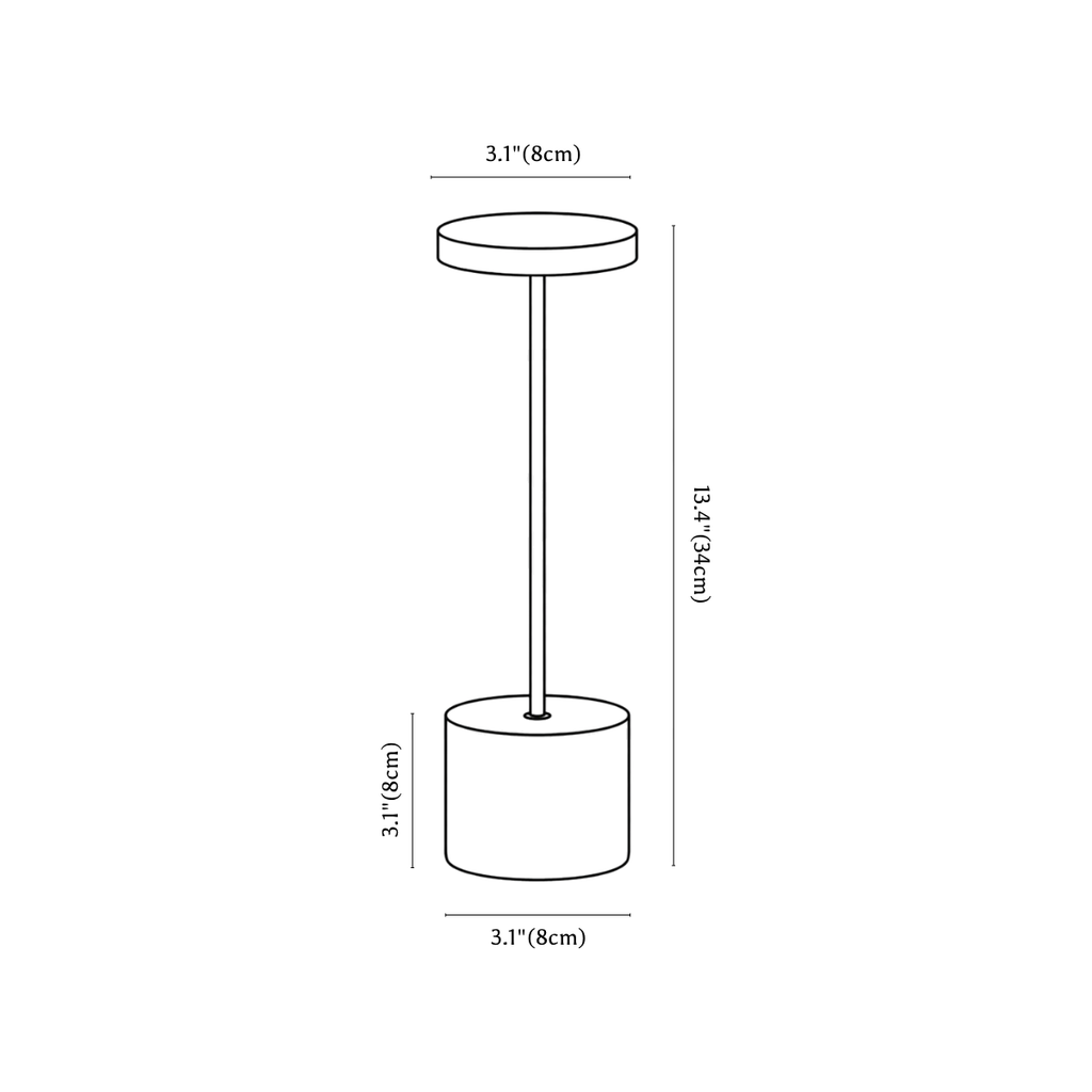 Clérachic table lamp dimension drawing, every measurement marked in centimetres and inches.