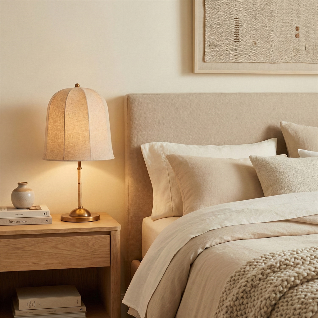 A lit Clérachic linen table lamp on a pale oak bedside table, beside a bed with cream bedding and a chunky knit throw.