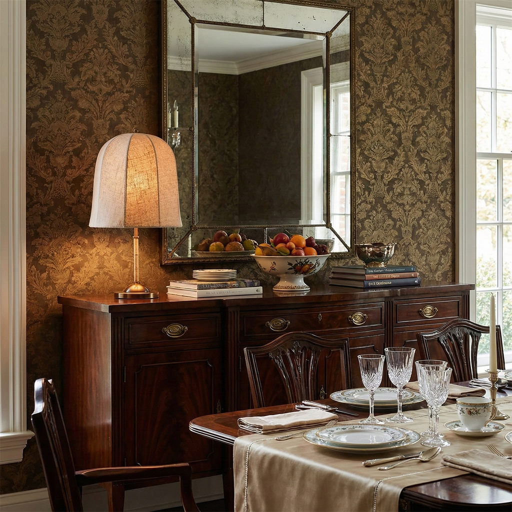 A Clérachic linen table lamp stands on a dark wooden sideboard in a dining room, with damask wallpaper, a mirror and fine glassware.