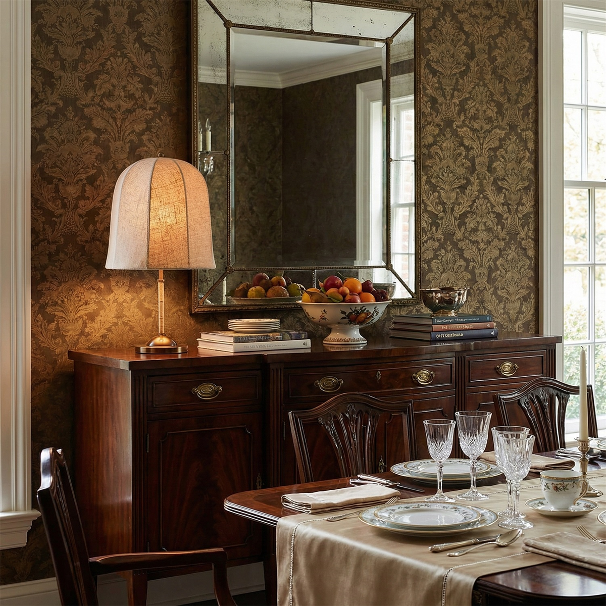 A Clérachic linen table lamp stands on a dark wooden sideboard in a dining room, with damask wallpaper, a mirror and fine glassware.
