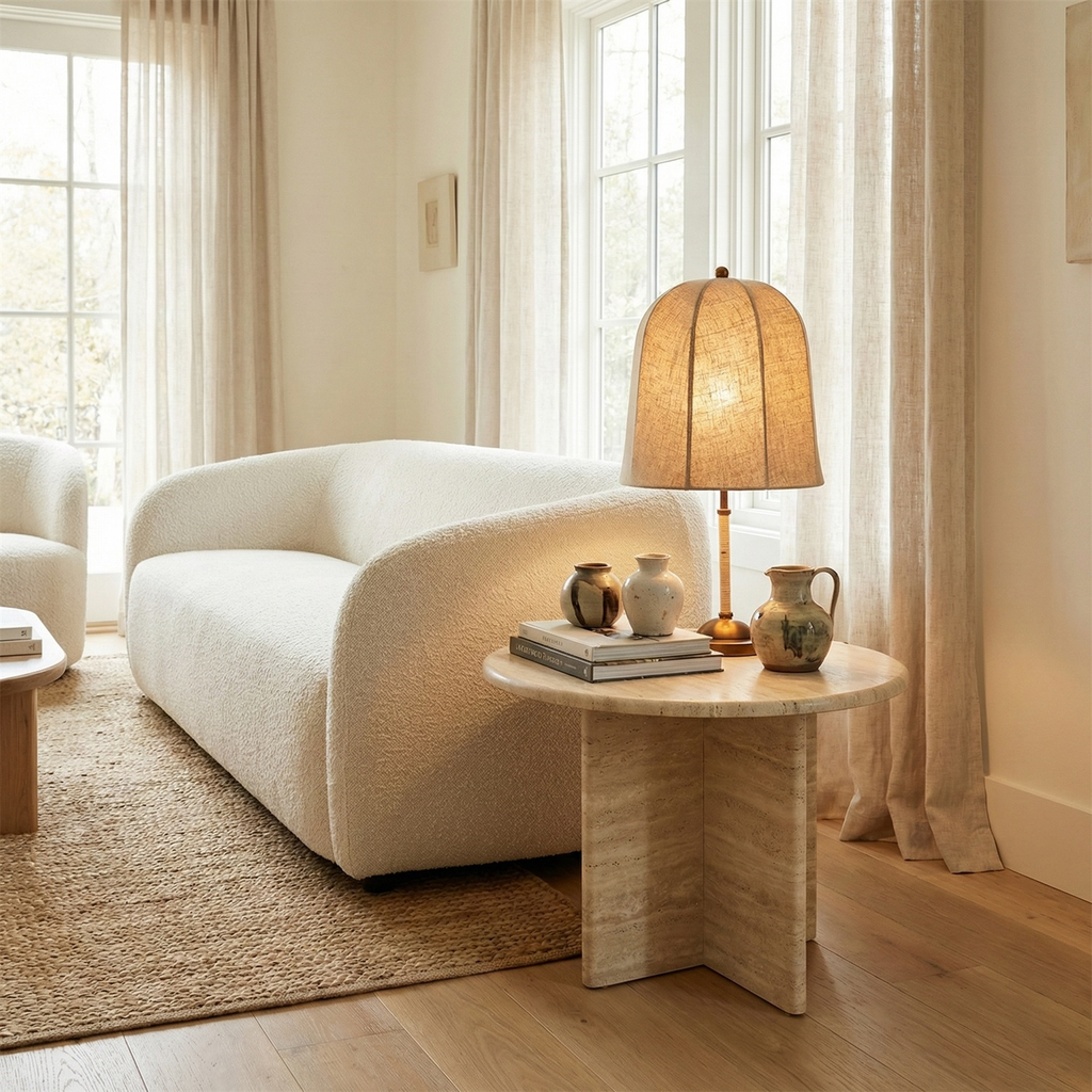 A Clérachic linen table lamp glows on a travertine side table, with ceramic jugs, beside a cream boucle sofa and sheer curtains.