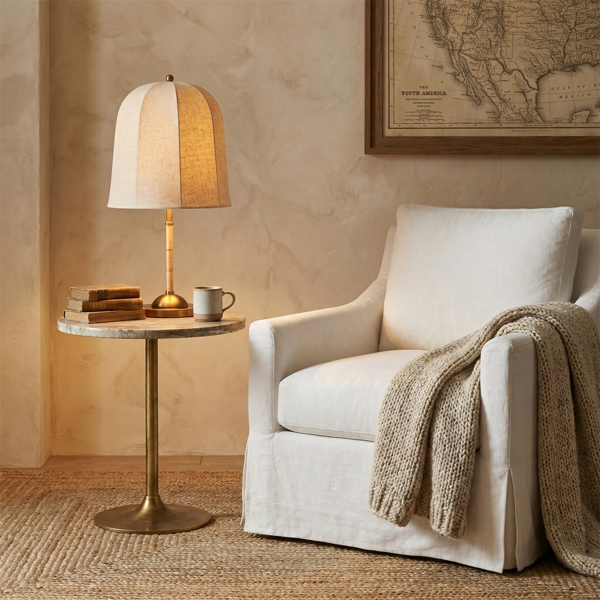 A Clérachic linen table lamp on a small round table beside a white armchair with a knit throw, with a vintage map on the wall.