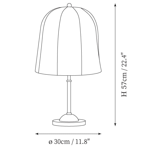 Clérachic table lamp dimension drawing, every measurement marked in centimetres and inches.