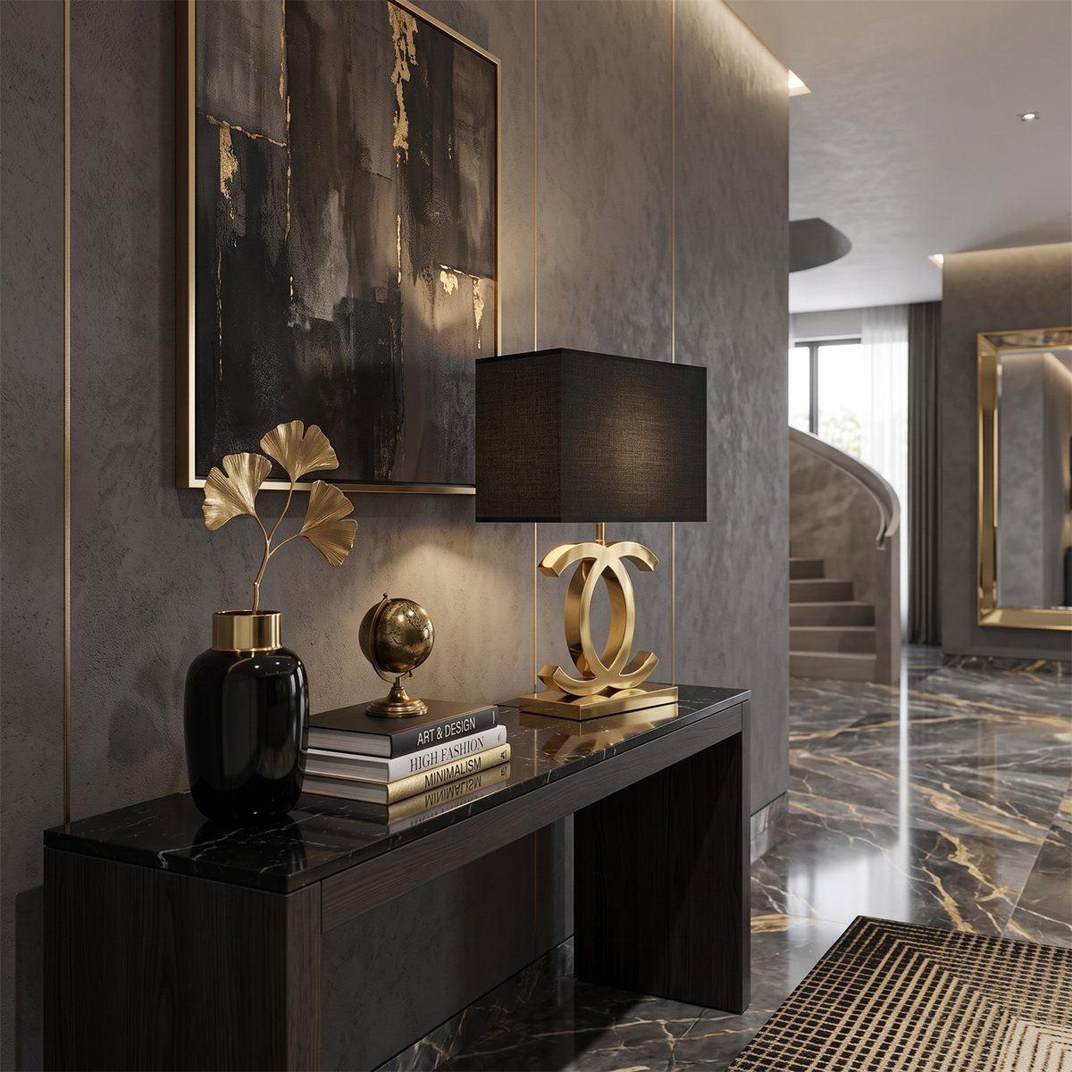 A Clérachic gold table lamp with a black shade on a dark marble console, beside a black vase, books and a brass globe, in a marble-floored hall.