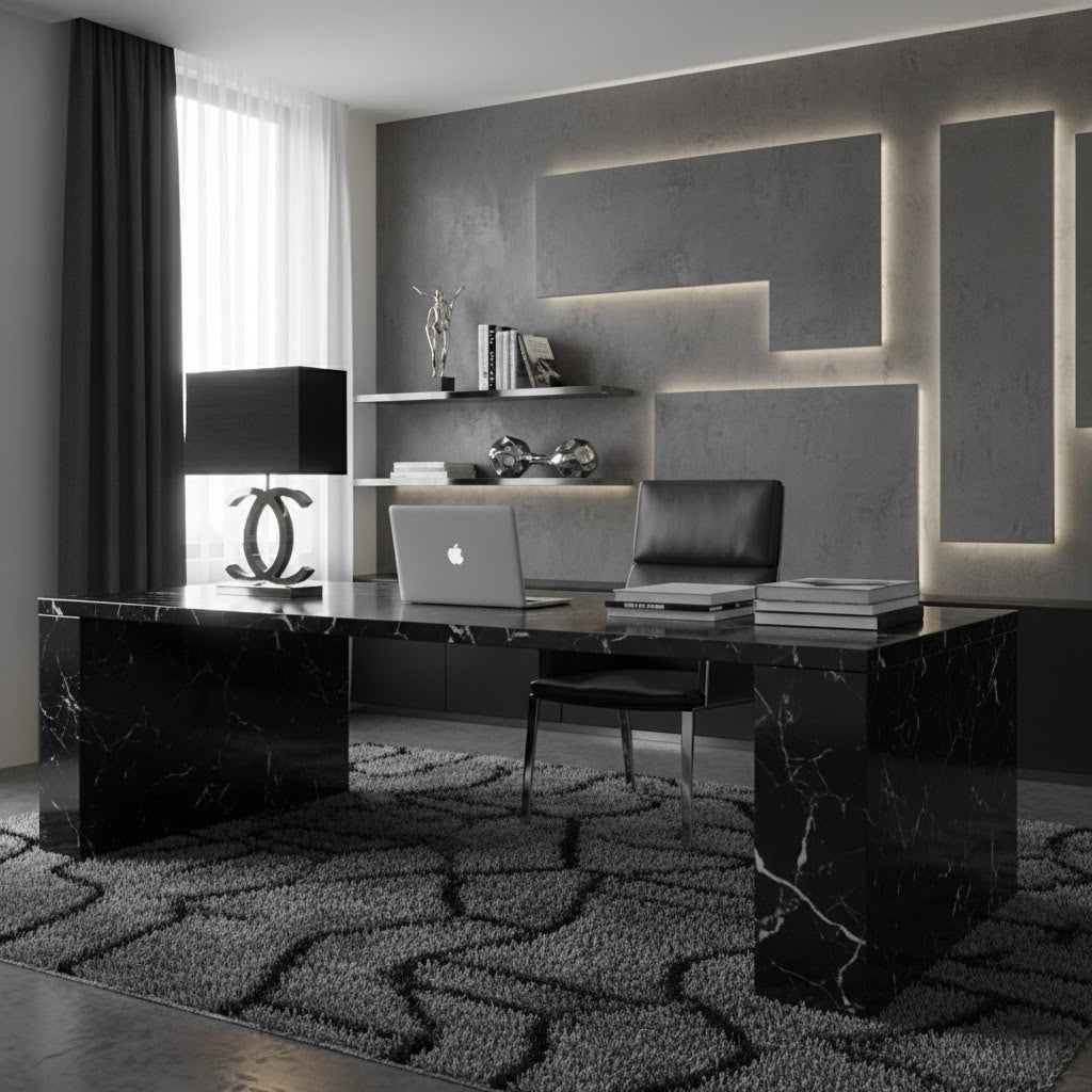 Clérachic table lamp with a black shade on a black marble desk in a grey home office, with a laptop and a leather chair behind it.