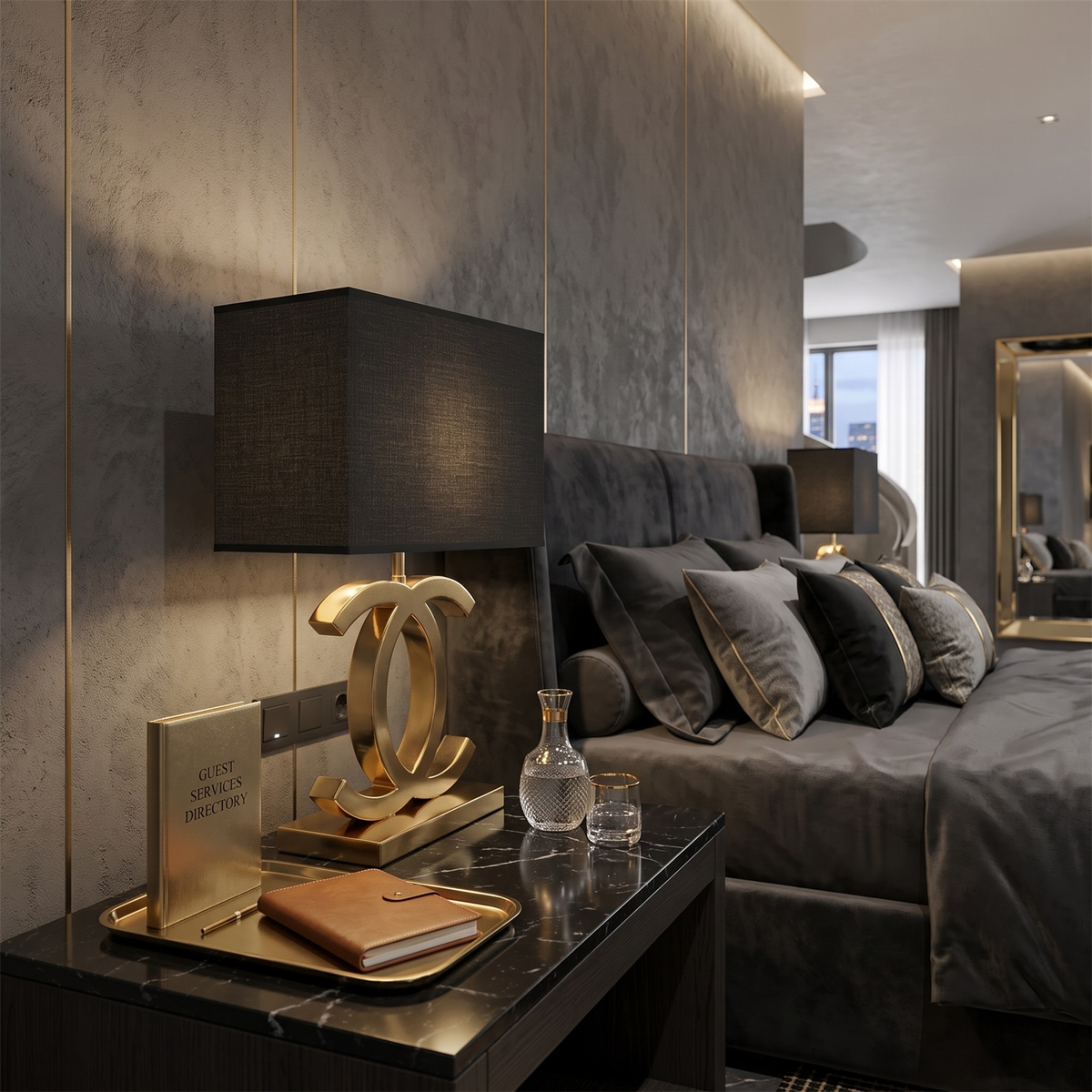 A Clérachic gold table lamp with a black shade on a black marble bedside table, beside a carafe, a glass and a leather notebook.