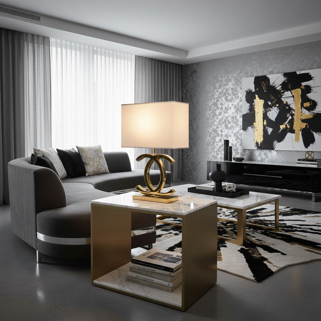 Clérachic gold table lamp with a cream shade on a marble and brass coffee table, in a grey living room with a curved sofa.