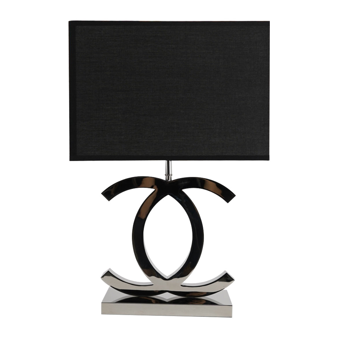 Clérachic table lamp with a black rectangular shade over dark chrome loops on a polished steel base, on a white backdrop.