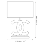 Clérachic table lamp dimension drawing, every measurement marked in centimetres and inches.