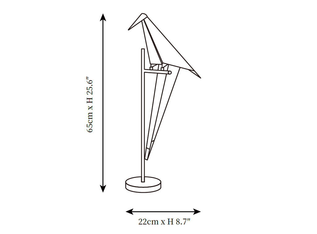 Dimension drawing of this Clérachic bird table lamp, with its 65 cm height and 22 cm width marked.
