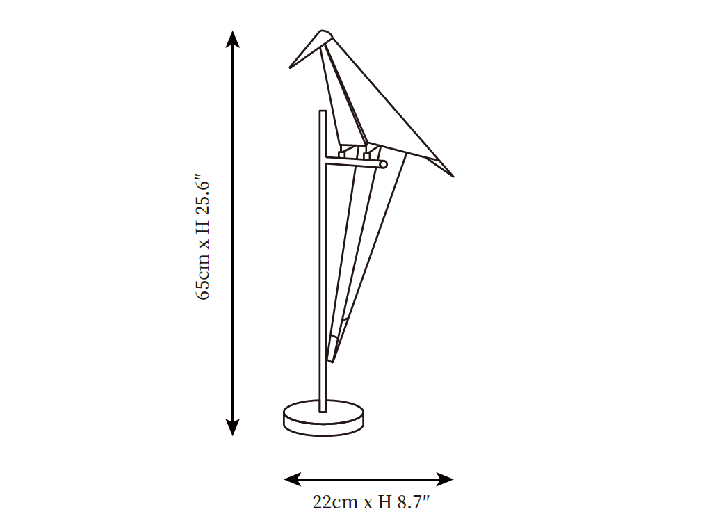 Dimension drawing of this Clérachic bird table lamp, with its 65 cm height and 22 cm width marked.