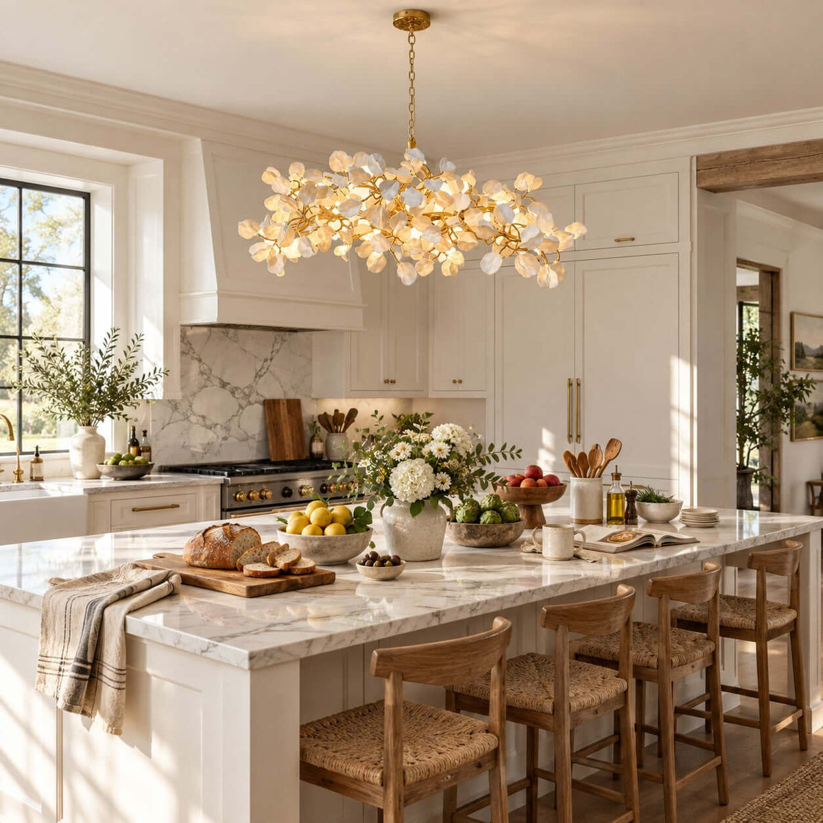 A Clérachic linear chandelier of white ceramic petals glowing above a marble kitchen island with rattan stools and a bowl of lemons.