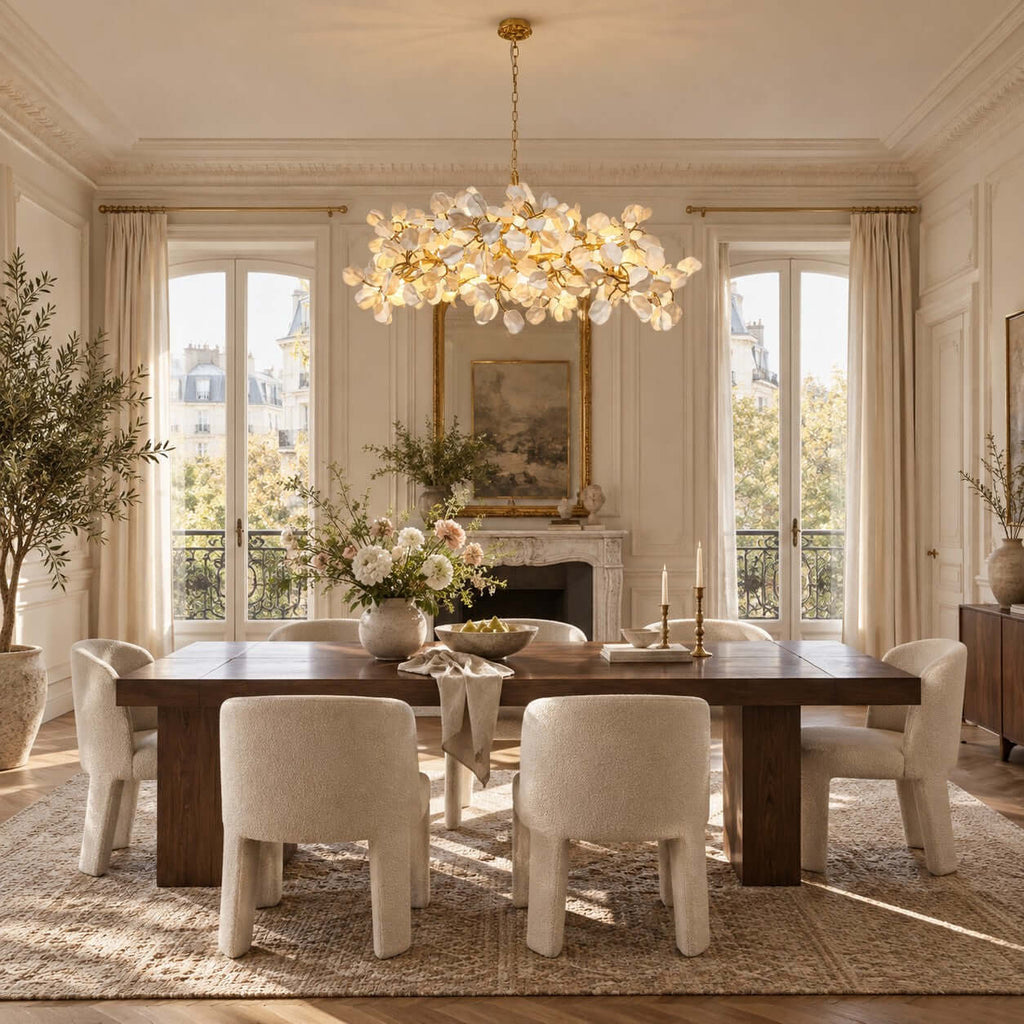 Formal dining room with a Clérachic vine chandelier over a dark wood table, boucle chairs and French windows overlooking a garden.