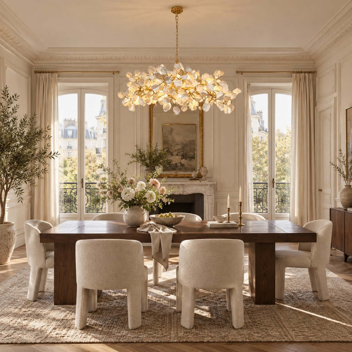 Formal dining room with a Clérachic vine chandelier over a dark wood table, boucle chairs and French windows overlooking a garden.