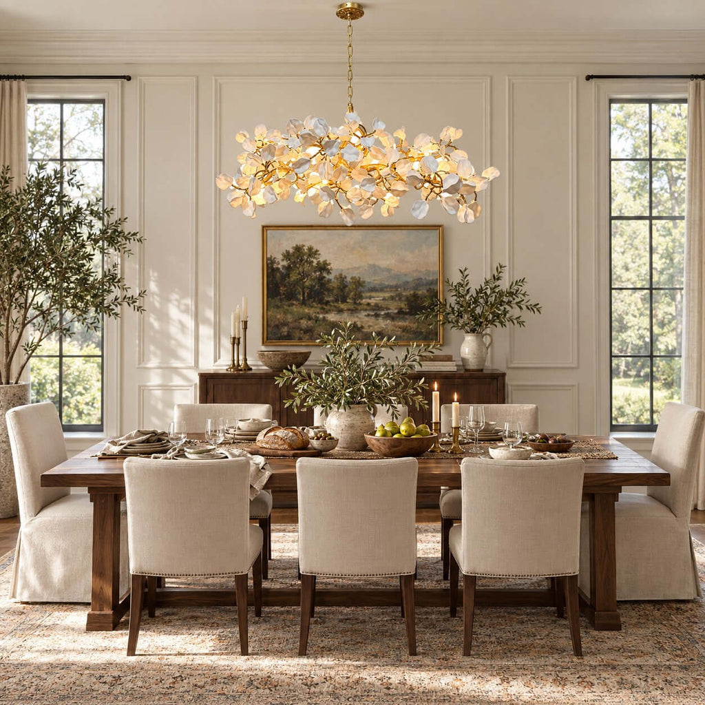 Panelled dining room with a Clérachic chandelier of ceramic petals above a long table set for dinner, with a landscape painting behind.