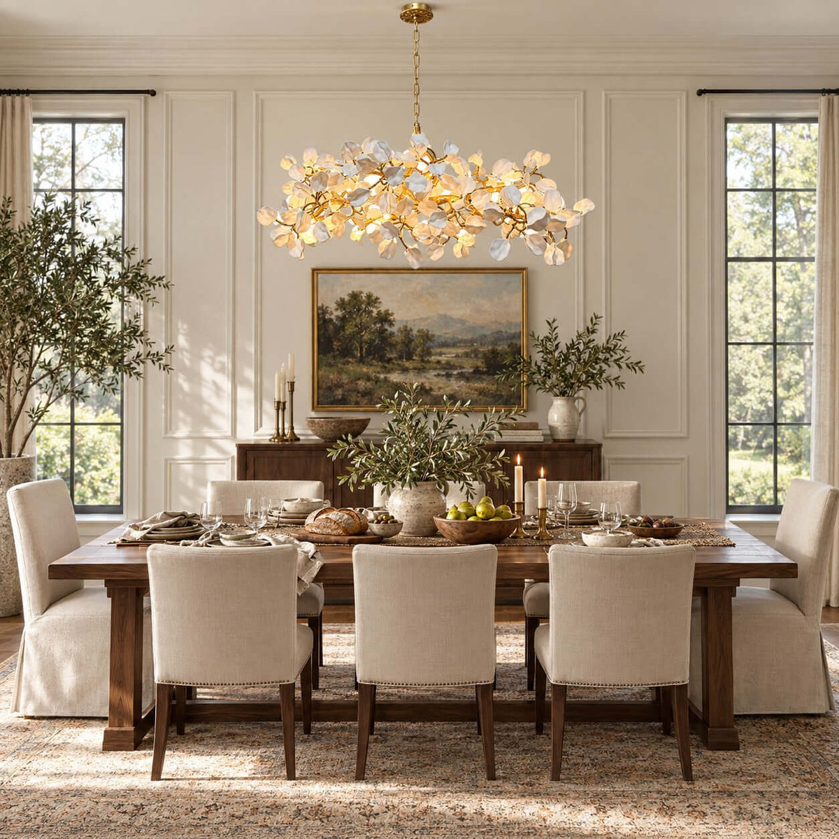 Panelled dining room with a Clérachic chandelier of ceramic petals above a long table set for dinner, with a landscape painting behind.