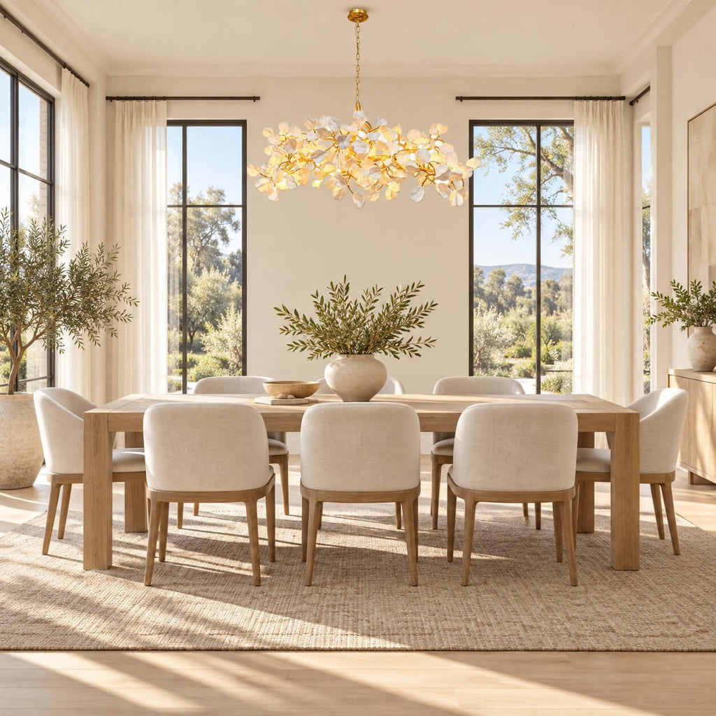 Bright room with a Clérachic petal chandelier over a pale wood dining table with cream chairs, framed by tall black-framed windows.