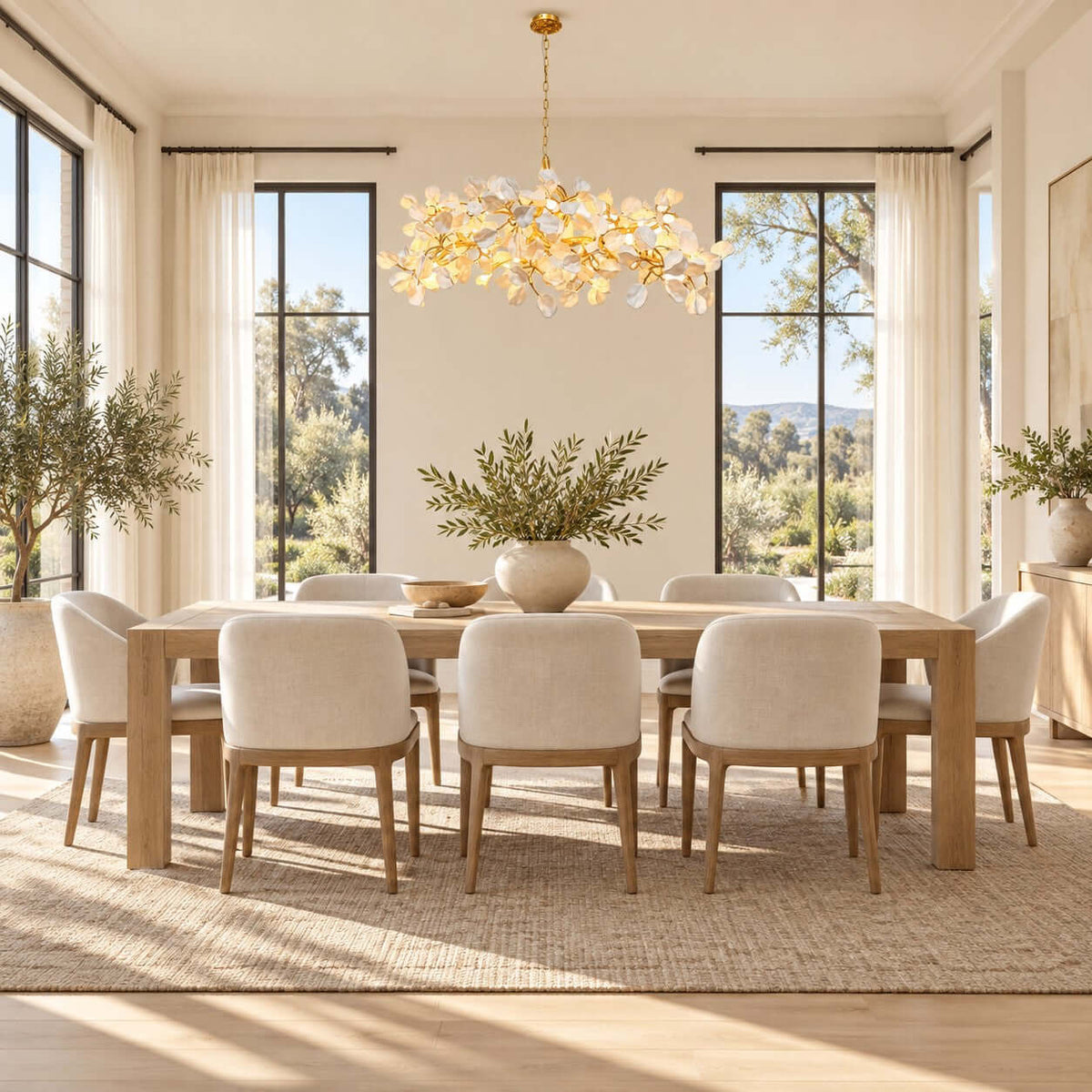 Bright room with a Clérachic petal chandelier over a pale wood dining table with cream chairs, framed by tall black-framed windows.