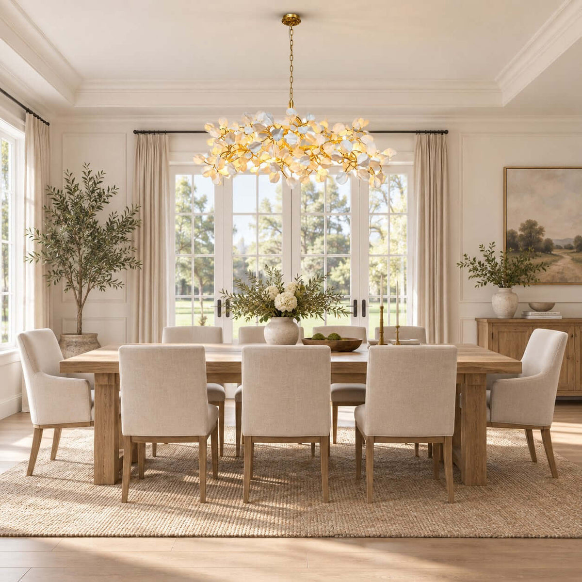 This Clérachic linear chandelier hangs in front of a tall window over a light oak dining table and upholstered chairs.